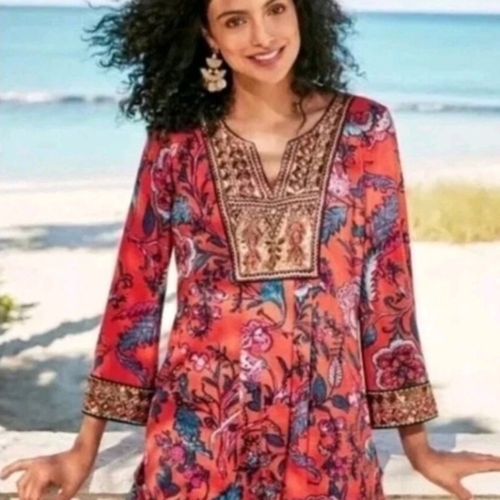 Floral Embroidered Tunic Top Bohemian Festival Blouse Flowy Women's‎